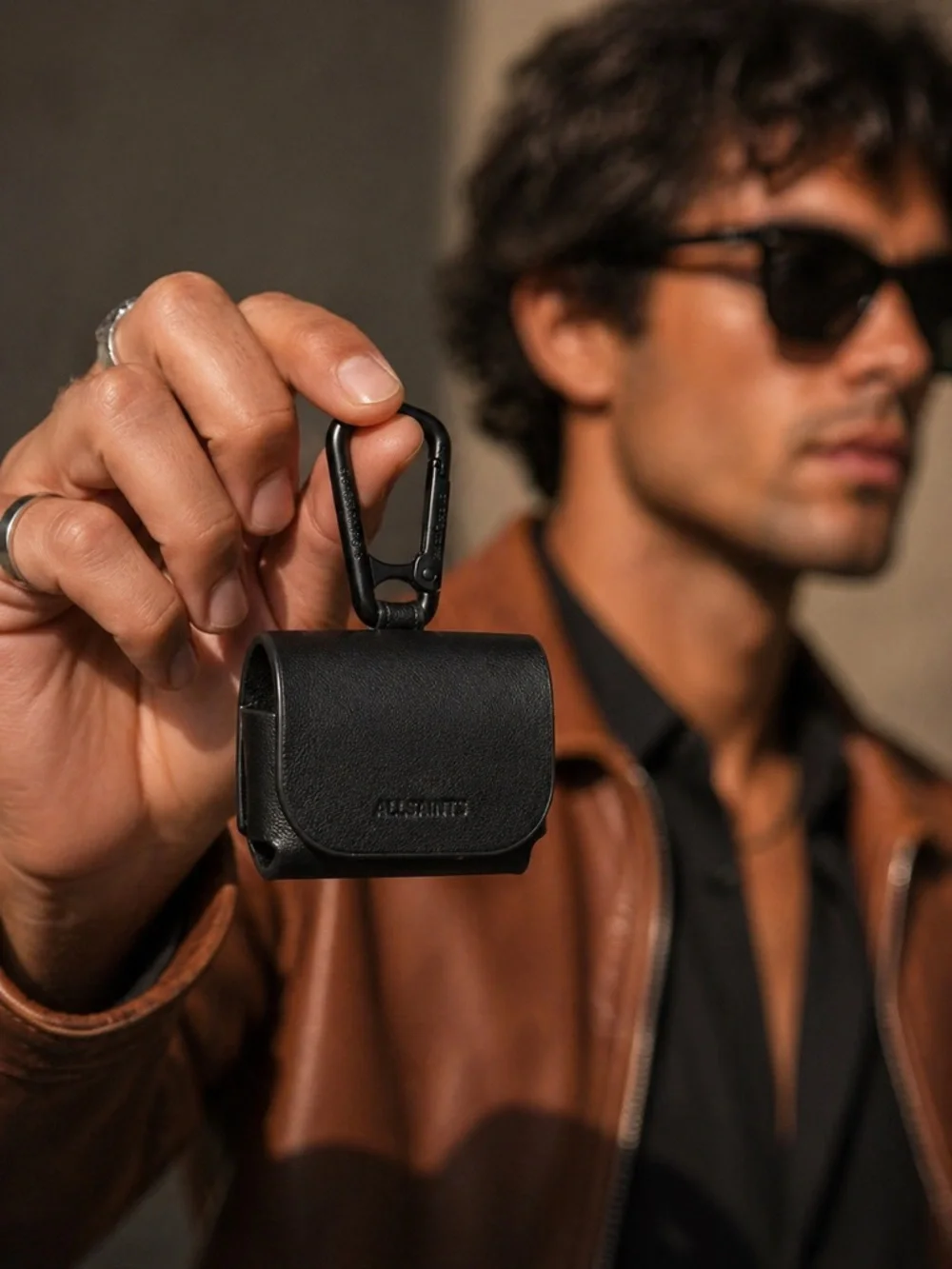 AllSaints Black Leather AirPods Case with Carabiner Clip